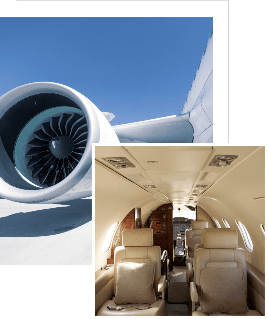 Group 96 Airplane engine and luxurious interior cabin view.